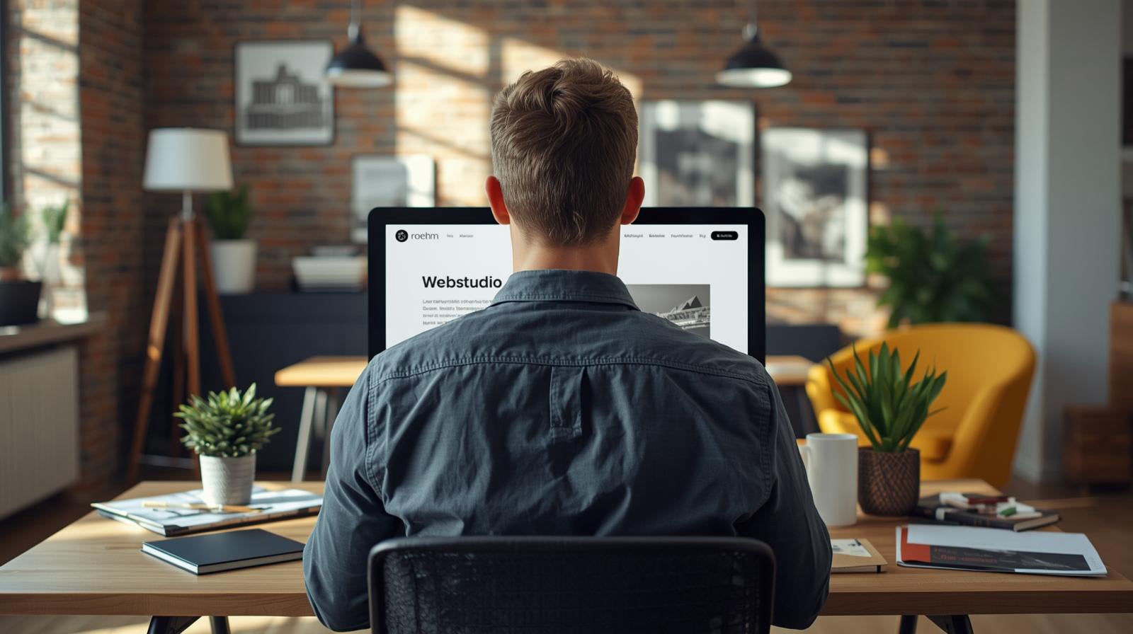 Ein Programmierer im Webstudio am PC