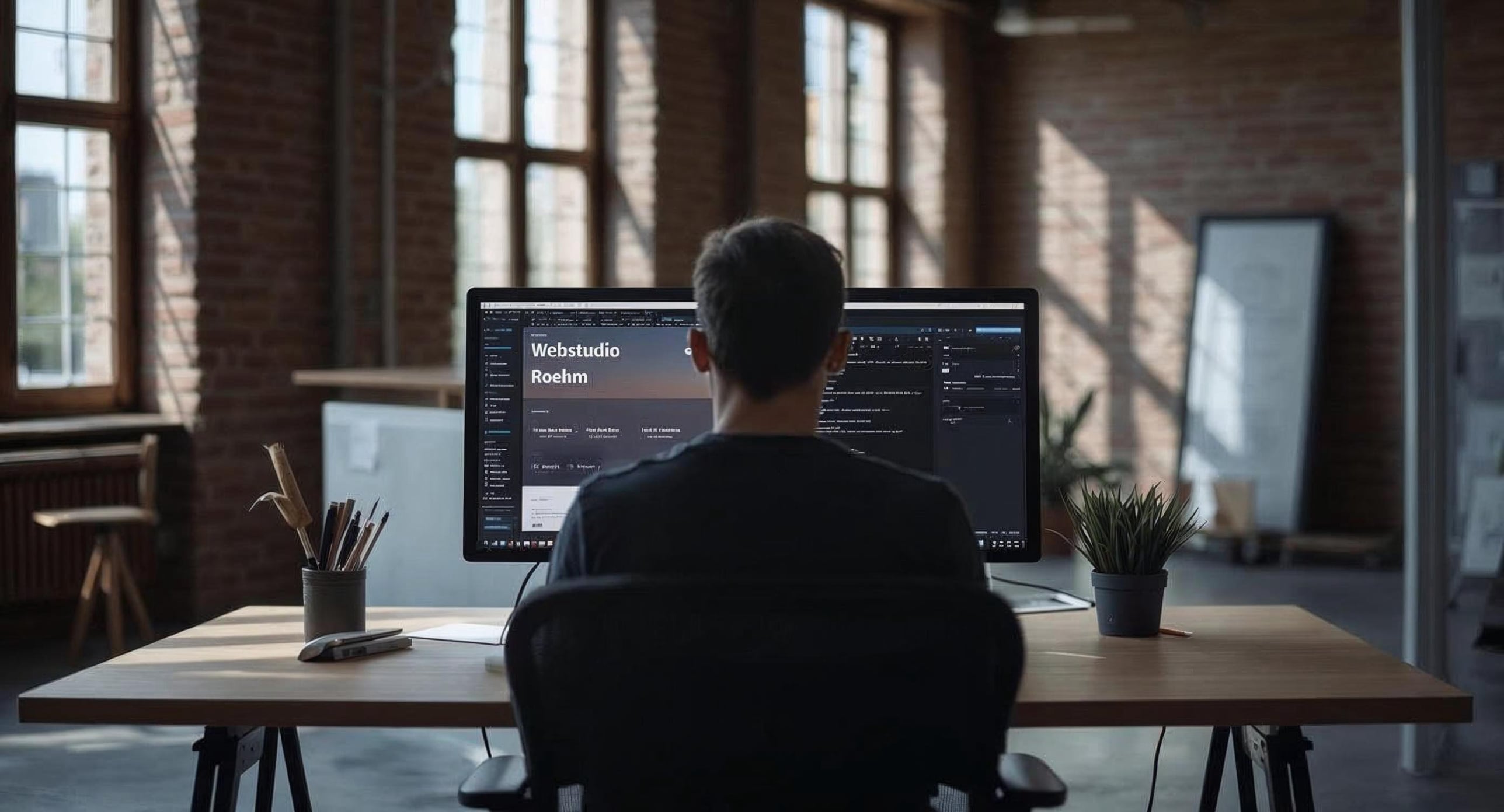 Ein Programmierer im Webstudio am PC