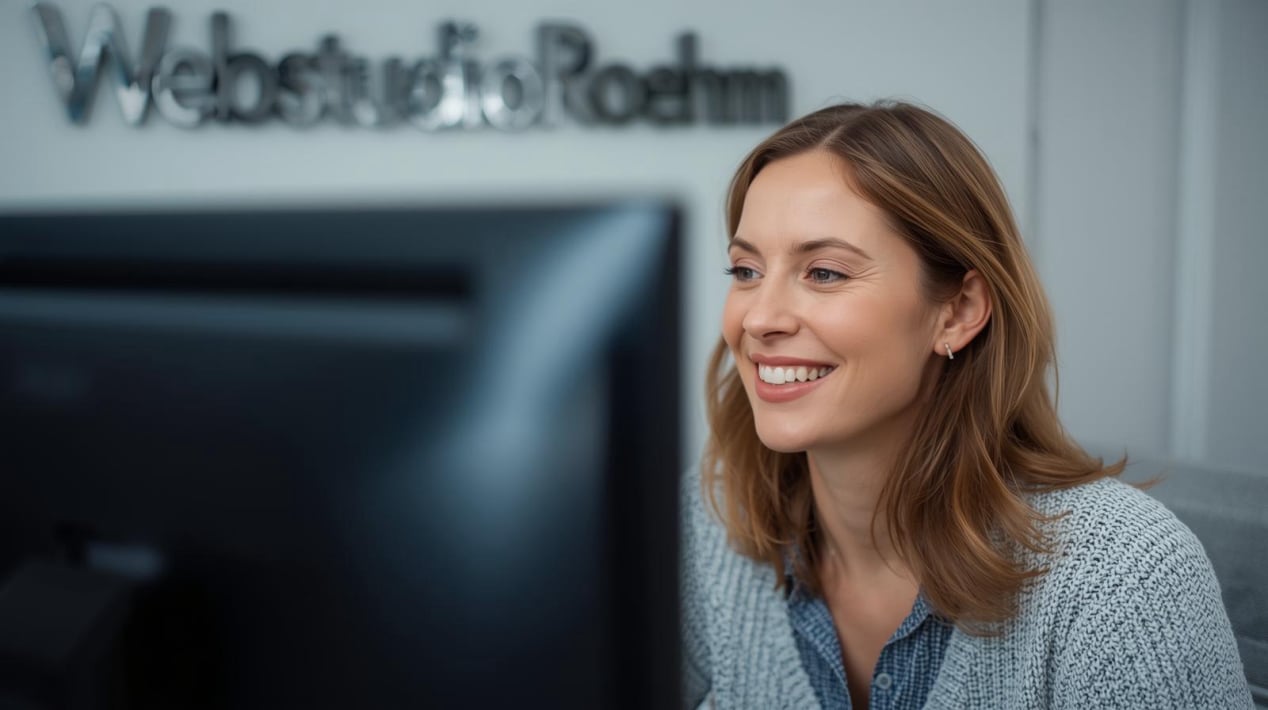 Eine Mitarbeiterin schaut auf den PC Monitor